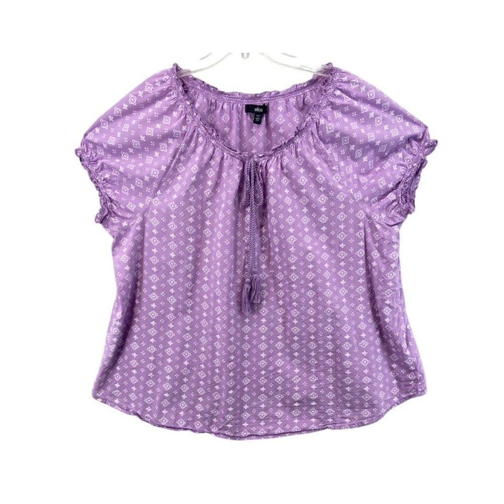 Ellos Peasant Blouse Womens 1X Purple Cotton Tassel Medallion Boho Cottagecore